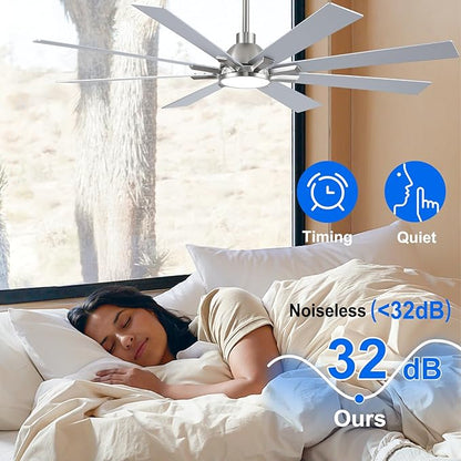 62 Inch Ceiling Fans with Lights and Remote, Nickel Large Ceiling Fan for Bedroom Living Room Indoor/Outdoor, 6 Speed Reversible DC Motor, 3CCT, Downrod, Dual Color 8 Blades, ETL Listed