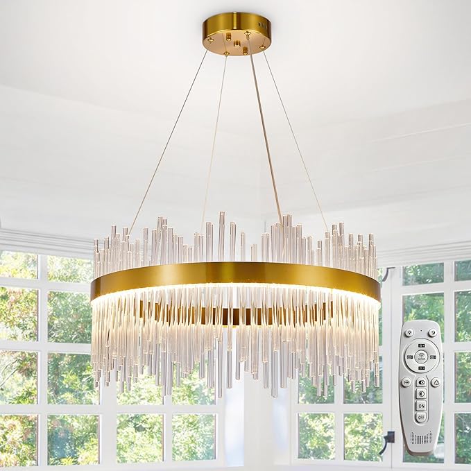 Depuley 23.6" Modern Crystal Chandeliers: Dimmable LED Gold Chandeliers Light Fixture with Remote Control - 3 Colors Contemporary Pendant Ceiling Light for Dining Living Room Kitchen Island Foyer