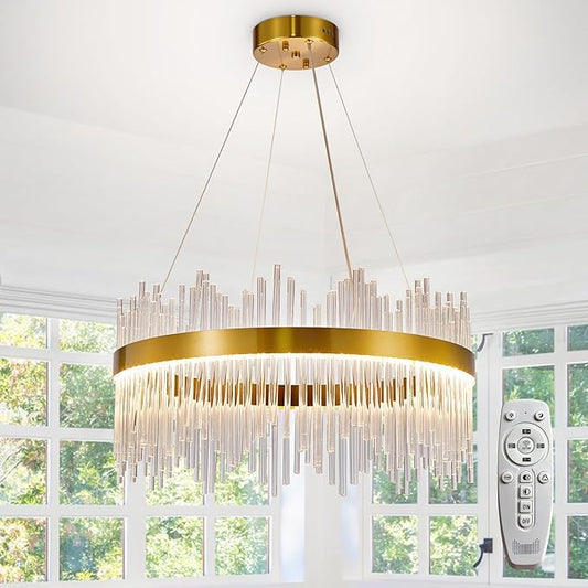 Depuley 23.6" Modern Crystal Chandeliers: Dimmable LED Gold Chandeliers Light Fixture with Remote Control - 3 Colors Contemporary Pendant Ceiling Light for Dining Living Room Kitchen Island Foyer