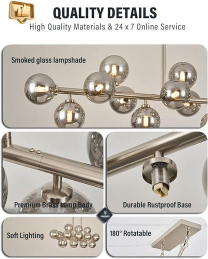55" Long Chandeliers for Dining Room Kitchen Island, Large Globe Sputnik Linear Chandelier, 16 Lights Mid Century Modern Light Fixture Over Table, Nickel and Smoke Grey Bubble, GC-08