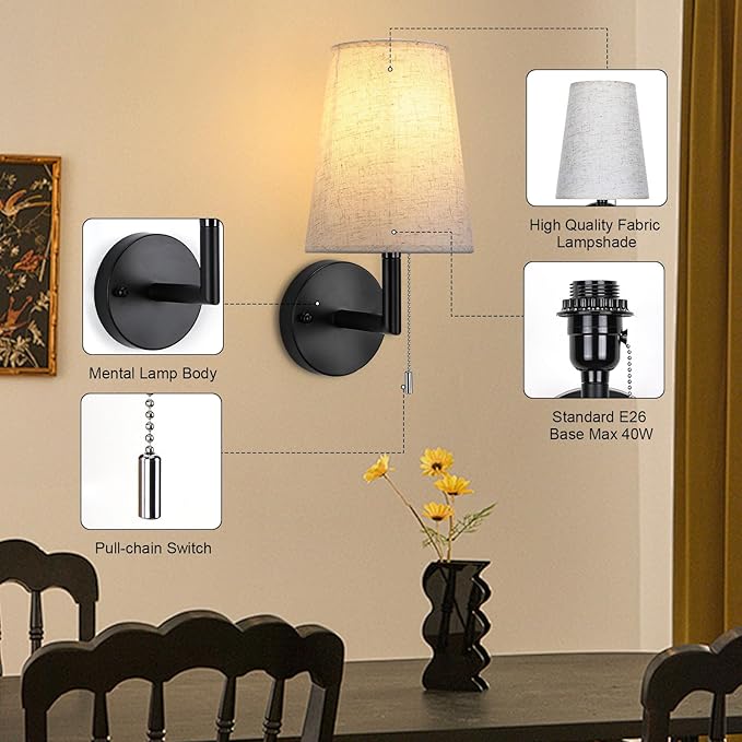 Lightess Pull Chain Light Fixture Wall, Indoor Wall Sconces Set of 2, Vintage Wall Lamps with White Fabric Shade for Bedroom Living Room Corridor