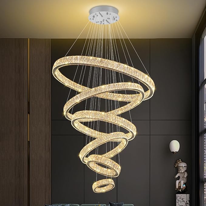 Extra Large 6 Ring Crystal Chandelier Modern LED Long Crystal Chandelier for High Ceiling Height Adjustable D8+15.7"+23.6"+31.5"+39.4"+47.5" Dimmable 2700K-6000K