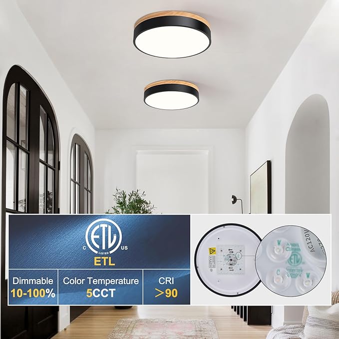 Yiisem Dimmable Wood LED Flush Mount Ceiling Light, 5CCT 2700K-6000K Modern Black Close to Ceiling Lighting Fixtures, Minimalist Round Ceiling Lamp for Bedroom, Kitchen, Hallway, Laundry Room