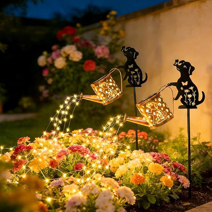 Outdoor Solar Dog Garden Decorative, 2 Pcs Solar Watering Can with Light, Featuring Metal Dog Statue Silhouette Stake, Day Gift for Women, for Outside Landscapes, Lawn, Garden Path Decoration