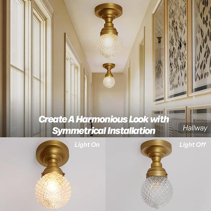Schoolhouse Semi Flush Mount Ceiling Light, Brass Gold Close to Ceiling Light Fixtures with Hand-Blown Glass Shade Modern Hallway Ceiling Lamp for Laundry Entryway Kitchen Bathroom E26