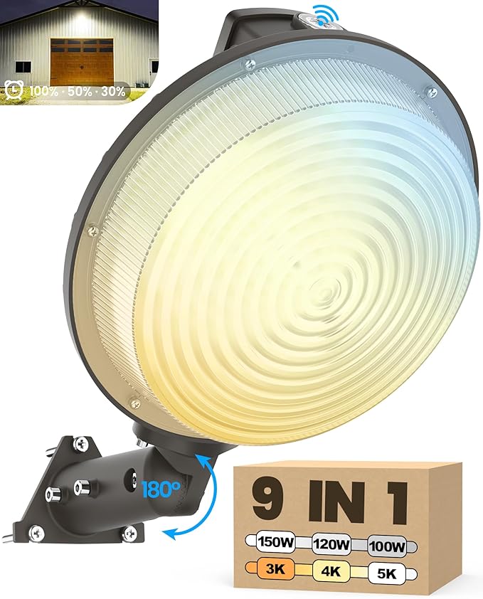 YARBO LED Barn Light with Switchable Wattage & Color: 150W/120W/100W, 5000K/4000K/3000K, 22500LM, Dusk to Dawn & Timer Dimming, AC100-277V IP65 Waterproof ETL Listed for Garage Warehouse Barn Security