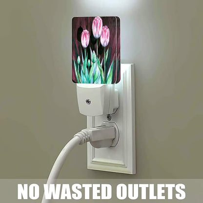 Pink Tulips on Dark Night Light, Dusk to Dawn Smart Sensor Nightlight for Bedroom Bathroom Kitchen Hallway Stairs Hallway, Plug-in, Energy Efficient Decor Desk Lamp Gifts