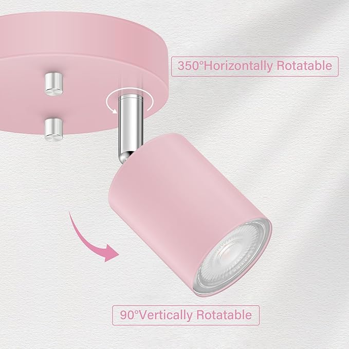 2 Light Track Lighting Fixtures Ceiling, Pink Round Directional Spotlight Fixtures, GU10 Flush Mount Ceiling Fixture, Adjustable Modern LED Track Light for Girl's Room, Bulb Not Included