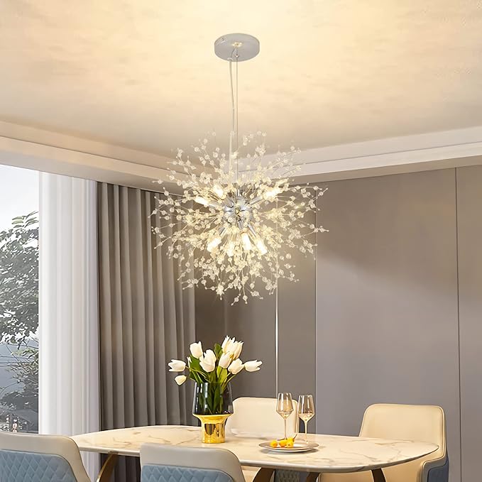 CM MZY Modern Crystal Chandeliers Firework, 8-Light Chrome Dandelion Sputnik Ceiling Light Fixtures, Sputnik Chandelier for Bedroom Living Room Dining Room Kitchen Island Hallway
