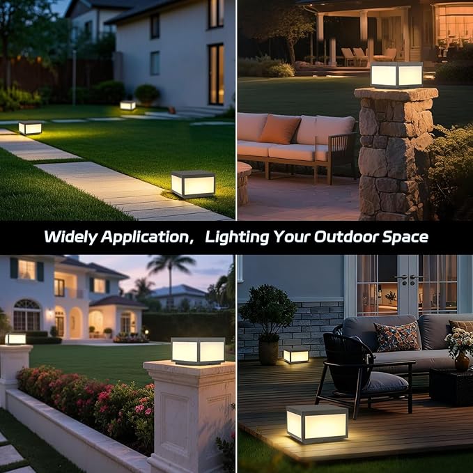 Outdoor Modern Post Light, 10" Hard Wired Pillar Lights Square Post Column Caps Lamp for Flat Surface, Electric Modern Fence Deck Cap Lantern Lighting for Patio Garden Driveways IP65 Waterproof