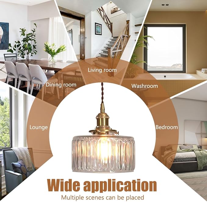 Glass Hanging Lights Kitchen Island Brushed Gold Ceiling Pendant Light Clear Round Light Fixture Striped Glass Shade Vintage Modern Pendant Lighting Chandelier Farmhouse Dining Room