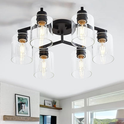 6 Light Semi Flush Mount Ceiling Light Black Kitchen Lighting Fixtures Ceiling Industrial Large Cieling Light Fixtures, with Clear Glass Shade for Dining Room Living Room Kitchen Island Farmhouse