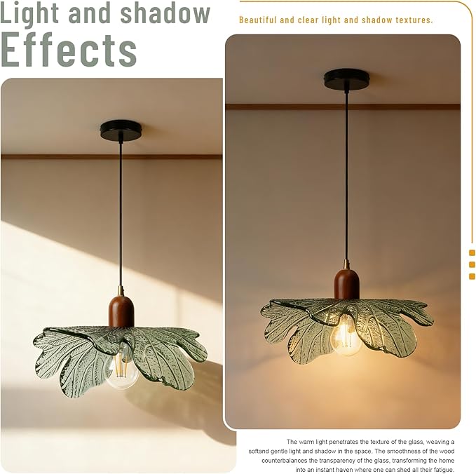 Mid Century Modern Dark Green Flower Pendant Light, Glass Adjustable Hanging Light Fixture E26 Base for Kitchen Island Living Room Bedroom Entryway