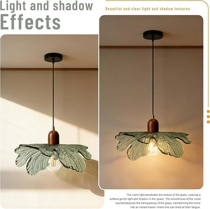 Mid Century Modern Dark Green Flower Pendant Light, Glass Adjustable Hanging Light Fixture E26 Base for Kitchen Island Living Room Bedroom Entryway