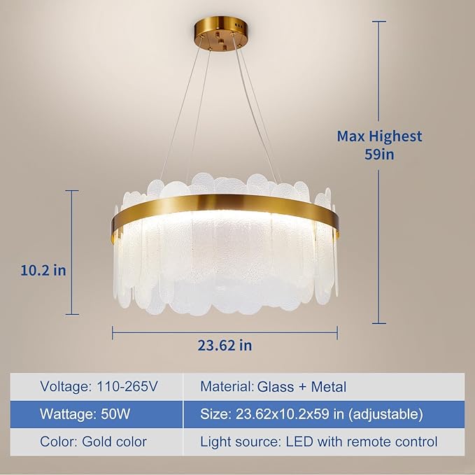 Depuley Modern Gold Glass Chandeliers: 23.6" Dimmable LED Chandeliers Light Fixture with Remote Control - 3 Colors Contemporary Pendant Ceiling Light for Dining Living Room Kitchen Island Foyer