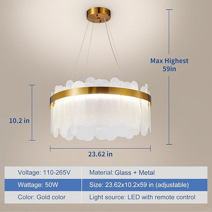 Depuley Modern Gold Glass Chandeliers: 23.6" Dimmable LED Chandeliers Light Fixture with Remote Control - 3 Colors Contemporary Pendant Ceiling Light for Dining Living Room Kitchen Island Foyer