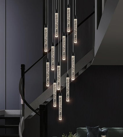 Crystal Staircase Chandelier, Modern Black Large Spiral Dimmable LED Cluster Raindrop Foyer Chandelier Lighting, Bubble Living Room Hanging Light Fixture 12 Light Remote Control