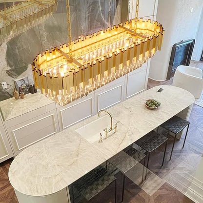 40'' L Modern Crystal Chandeliers for Dining Room 10 Lights Gold Chandelier Large Luxury Rectangular Crystal Chandelier Pendant Light Fixture, Kitchen Island,Entryway,Living Room