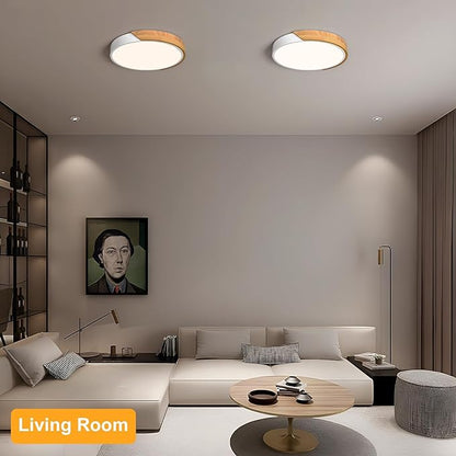 Modern LED Ceiling Light, Minimalist Wood Style Flush Mount Ceiling Light Fixture, Circle Lighting Lamp with Acrylic Lampshade for Bedroom Living Room Dining Room Laundry (White, 11.8'')