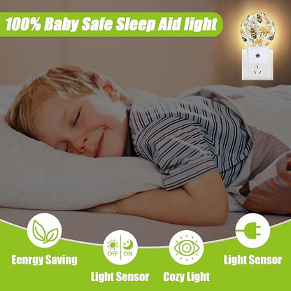 Cute Bee Night Light,Watercolor Floral Night Lights Plug into Wall for Kitchens Toilets Bedroom Decorative Half Round Nightlight Led Lamp 0.5W Sleep Friendly