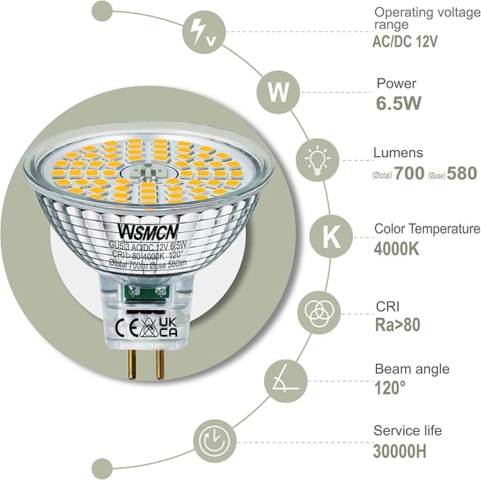 MR16 GU5.3 LED Bulbs, 6.5W Neutral White 4000K Light Bulbs, 60W Halogen Bulb Equivalent, AC/DC12V Low Voltage Bulb, 580Lm Spotlight Bulbs, Non-dimmable, 120° Beam Angle, Pack of 6