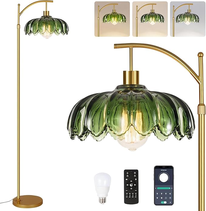 AHDWDW Floor Lamp for Living Room Bedroom,Gold Dimmable Standing Lamp with Remote,Mid Century Modern Brass Tall Lamp Vintage Green Glass Lamp Floor Light,Arc Unique Floor Lamps for Office Corner