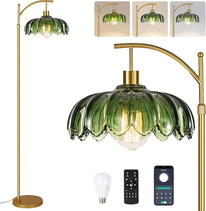 AHDWDW Floor Lamp for Living Room Bedroom,Gold Dimmable Standing Lamp with Remote,Mid Century Modern Brass Tall Lamp Vintage Green Glass Lamp Floor Light,Arc Unique Floor Lamps for Office Corner