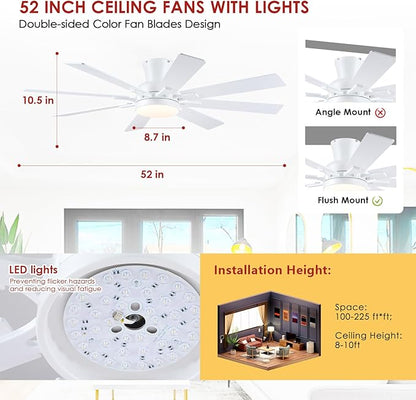 Mpayel Ceiling Fans with Lights, 52 Inch Low Profile Flush Mount Ceiling Fan, Modern White Ceiling Fan with Light for Bedroom Living Room, Remote/APP Control, Quiet DC Motor, Dimmable, 8 Wood Blades