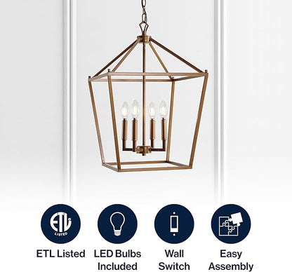 JONATHAN Y 16" Antique Gold Lantern Pendant Light, 4-Light Pagoda Style Metal Cage Farmhouse Hanging Ceiling Fixture for Kitchen Island, LED Bulb Included (JYL7437B)