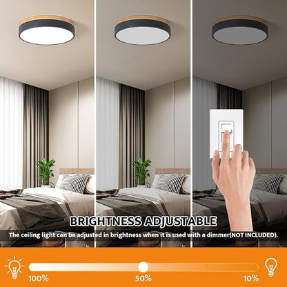Yiisem Dimmable Wood LED Flush Mount Ceiling Light, 5CCT 2700K-6000K Modern Round Close to Ceiling Lighting Fixtures, Minimalist Grey Ceiling Lamp for Bedroom, Kitchen, Laundry Room, Hallway