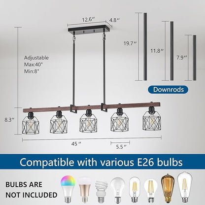 5-Light Modern Farmhouse Island Lighting, Adjustable Height Rustic Chandelier with Walnut Metal Frame & Matte Black Geometric Shade, E26 Base Hanging Light for Dining Room Over Table