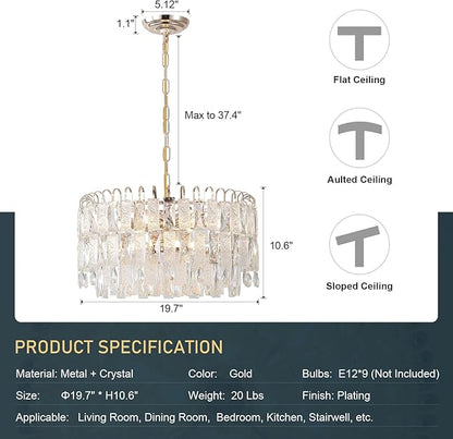 20" Modern Gold K9 Crystal Chandelier 9-Light 4 Tiers Crystal Lighting Fixture Luxury for Living Room Dining Room Bedroom Kitchen Foyer Entryway, E12