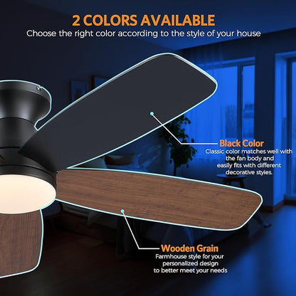 JSAITEE 48" Ceiling Fans with Lights Low Profile - Flush Mount Ceiling Fan with Light and Remote, 6 Wind Speeds Reversible, Quiet, 3CCT Dimmable, Fan Light for Modern Indoor, Bedroom, Kitchen, Brown