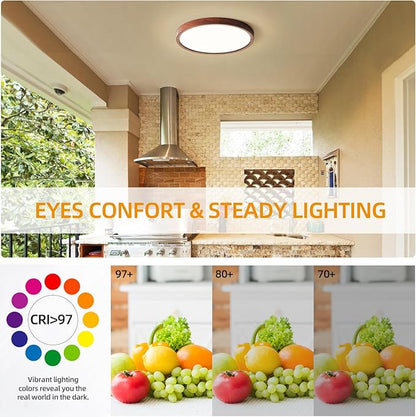 HEYAN Walnut Wood Flush Mount Ceiling Light Fixture,12 Inch Dimmable LED Ceiling Light with 3000K-4000K-6000K Selectable Flat Low Profile Round Ceiling Lights for Bedroom Hallway Laundry (2 Pack)