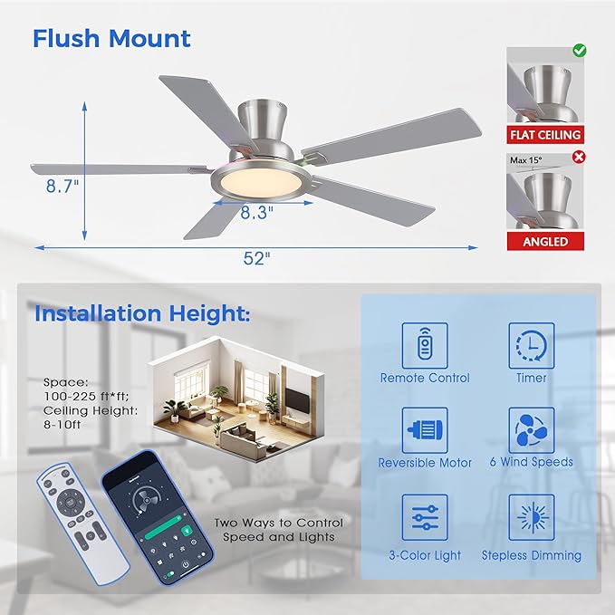 Ayaoty 52" Ceiling Fans with Lights - Flush Mount Ceiling Fan with RGB Dimmable, 3CCT 6 Wind Speeds and Reversible Quiet Motor, Low Profile RGB Fan Light for Modern Indoor, Party - Nickel RGB