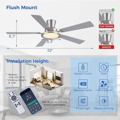 Ayaoty 52" Ceiling Fans with Lights - Flush Mount Ceiling Fan with RGB Dimmable, 3CCT 6 Wind Speeds and Reversible Quiet Motor, Low Profile RGB Fan Light for Modern Indoor, Party - Nickel RGB