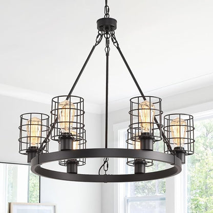 Wagon Wheel Chandelier Modern Farmhouse Pendant Light,Black Farmhouse Chandelier, 6-Light Wagon Wheel Chandelier with Adjustable Height, Dining Room Light Fixture, Hanging Lights