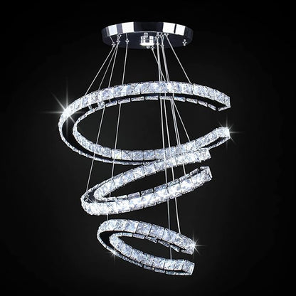 Finktonglan Modern Crystal Chandeliers 3C Rings Led Pendant Lamp Adjustable Stainless Steel Ceiling Lighting Fixture for Living Room Dining Room Bedroom Cool White