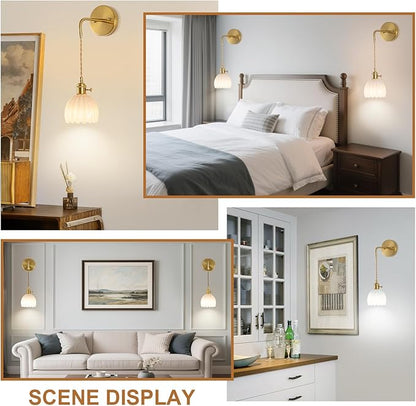 Vintage Battery Operated Wall Sconces Sets Of Two, Indoor not Hardwired Milky White Tulip Glass Lampshade Fixtures, Rechargeable Wireless RGB Wall Lights with Dimmable Remote, for Bedroom Living Room