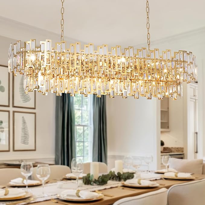 Rectangle Gold Chandeliers for Dining Room 2-Tier 16 Lights Modern Crystal Chandelier Luxury Rectangular Oval Preinstalled Top K9 Crystal Contemporary Pendant Lighting Fixture 51"