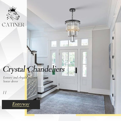 Black 3 Tiers Crystal Pendant Light, 3 Pack Mini Smoke Gray K9 Crystal Chandelier Modern Pendant Light Fixture for Kitchen Island Dining Room Hallway Bedroom Closet