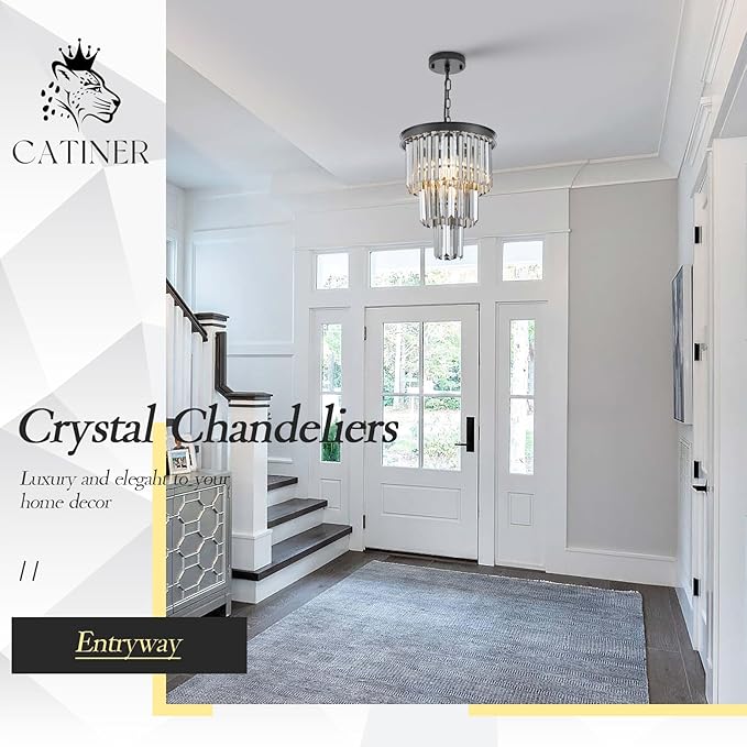 CATINER 3 Tiers Black Crystal Pendant Light, Mini Smoke Gray K9 Crystal Chandelier Modern Pendant Light Fixture for Kitchen Island Dining Room Hallway Bedroom Closet