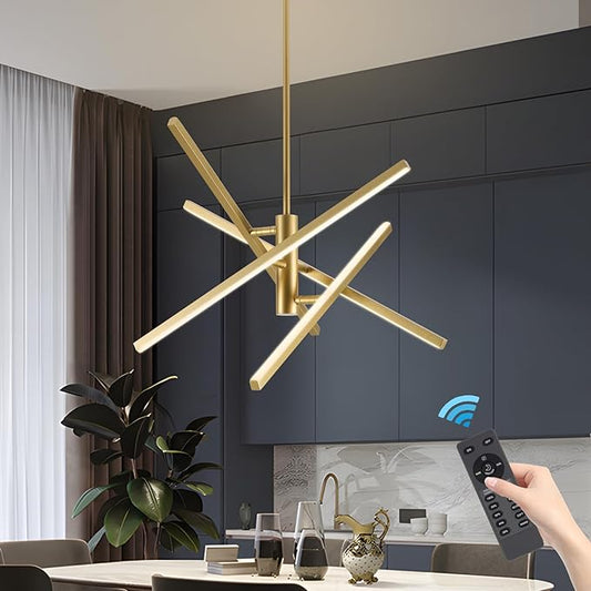 Modern Gold Chandelier Light Fixtures: LED 4-Light Sputnik Dining Room Chandeliers Linear Pendant Lights Fixture Over Table Dimmable with Remote for Kitchen Island Living Room