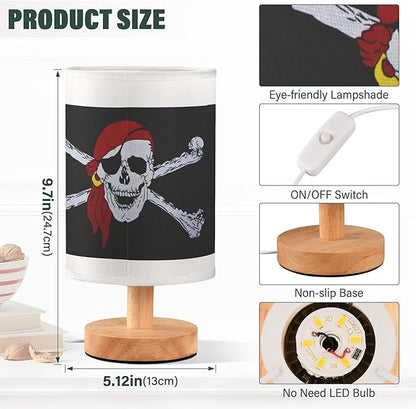 Table Lamp Pirate Skull Crossbones Nightstand Lamp with Wood Base Fabric Lamp Shade Bedside Desk Lamp for Living Room Bedroom Kids Room Office