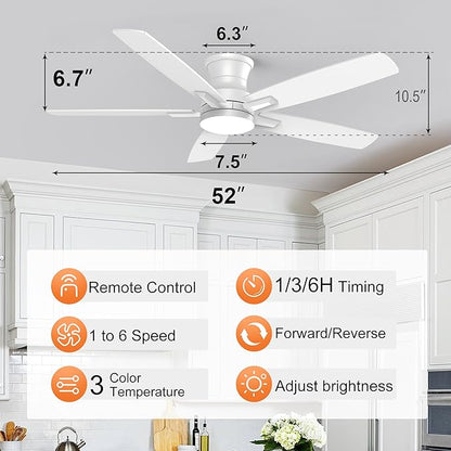 YUHAO 52 Inch Flush Mount White Ceiling Fan with Light and Remote Control.Noiseless,Dimmable,3CCT,6 Speeds Reversible, Low Profile DC Ceiling Fans for Indoor or Covered Outdoor Use,ETL Listed