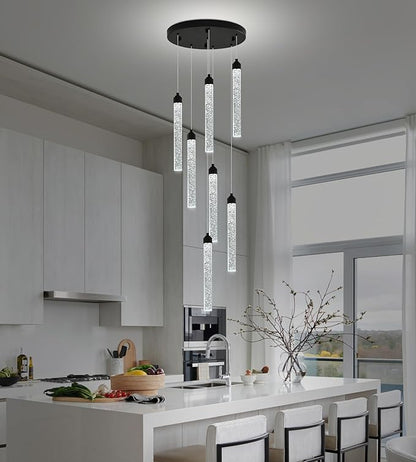 Crystal Staircase Chandelier, Modern Black Spiral Dimmable LED Cluster Raindrop Foyer Chandelier Lighting, Bubble Living Room Hanging Light Fixture 7 Light Remote Control