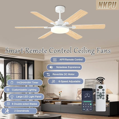 NKPU 56 Inch Ceiling Fans with Lights, Modern White Ceiling Fan with Light and Remote Control, 6 Double Sided Blades, 6 Speed Reversible Motor, Dimmable LED, Silent Timing, Indoor Outdoor Patio Use