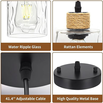 1 Pack Farmhouse Water Ripple Glass Pendant Light for Kitchen Island, Black Hanging Light Fixture, E26 Mini Pendant Lighting for Living Room, Bedroom, 41" Adjustable Cord, Bulb Not Included