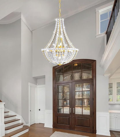 Luxury Large Empire Chandelier High Ceiling Crystal Chandeliers for Foyer Gold Light Fixture for Staircase Living Room E12 Bulbs Required