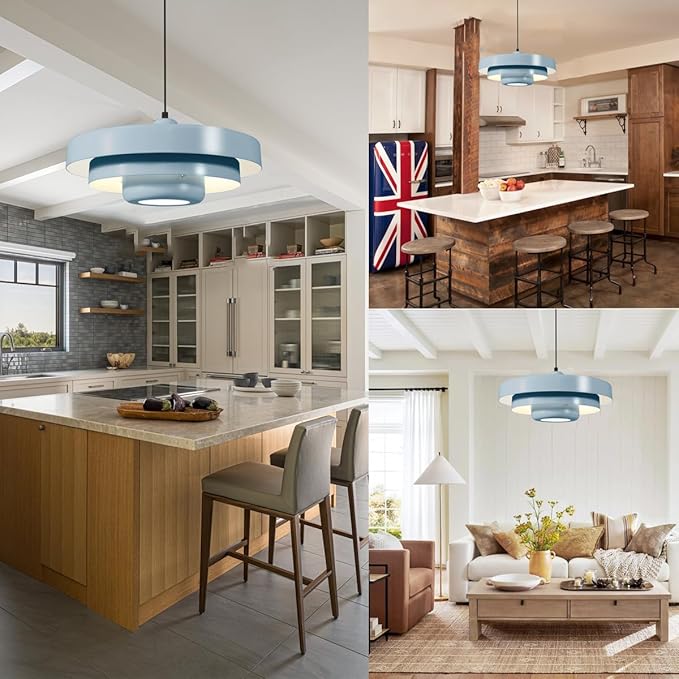 Minimalist Scandinavian Light Blue Pendant Light, 17.7" Large Adjustable Mid Century Hanging Light for Kitchen Island Dining Room Modern Apartment Pantry